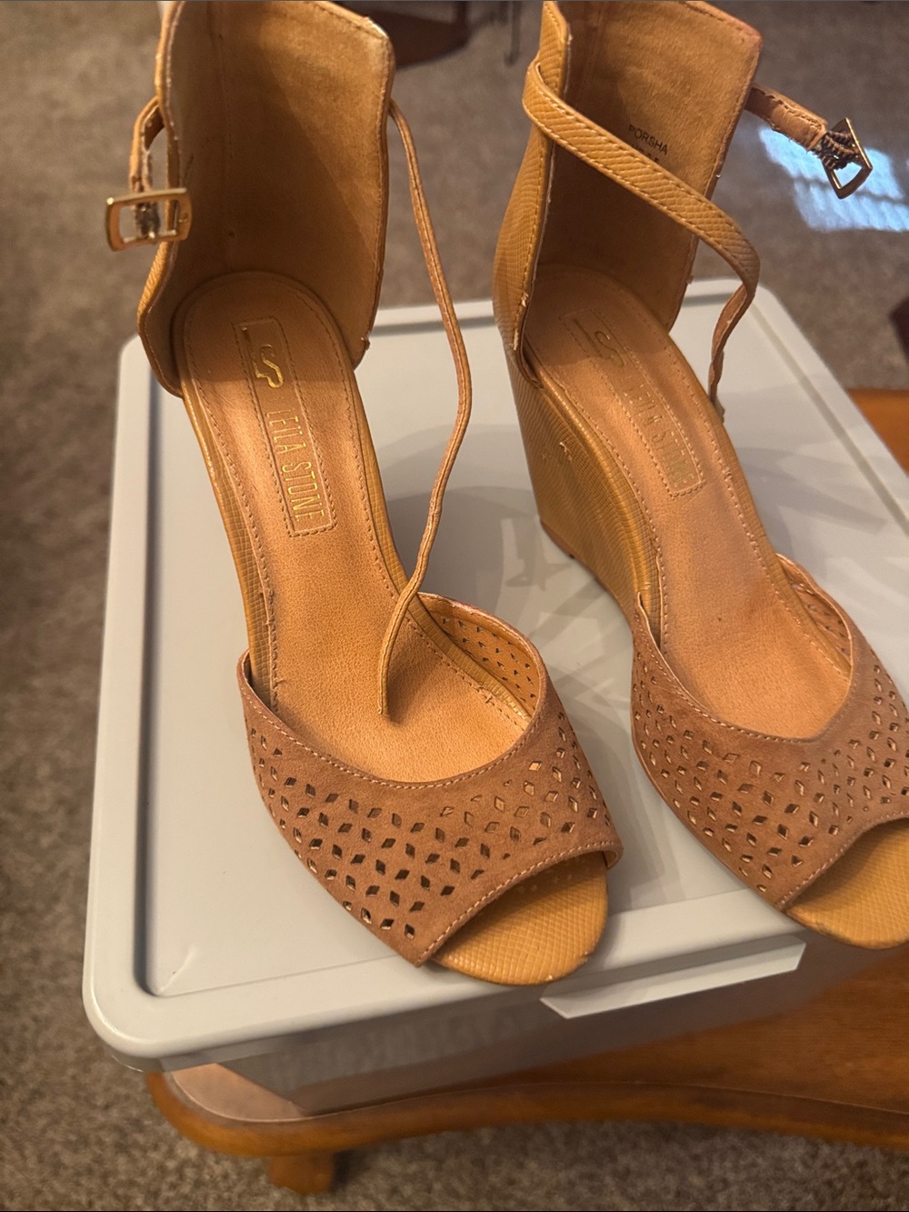 Leila Stone Women's Tan Wedge Sandals with Ankle Strap Size 6.5